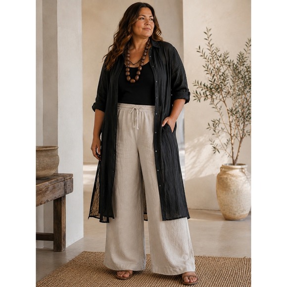 Flax Sweaters - FLAX Women 100% Linen Long Duster Cardigan Coat Sz L Black Buttons Lagenlook